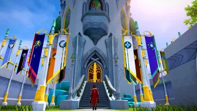 A red-cloaked character approaches a white castle entrance lined with colorful banners.