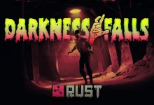 A lone figure stands in a dark forest beneath a glowing light in Rust Halloween artwork.