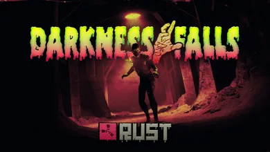 A lone figure stands in a dark forest beneath a glowing light in Rust Halloween artwork.