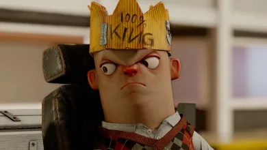 A stern-looking stylized Citizen character wearing a cardboard crown in s&box.