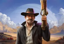 A mustachioed gunslinger in a black hat holds a weapon against a desert landscape in SAND: Raiders of Sophie.