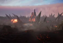 A dark volcanic crater in SAND: Raiders of Sophie, with jagged black rock formations and glowing lava fissures.