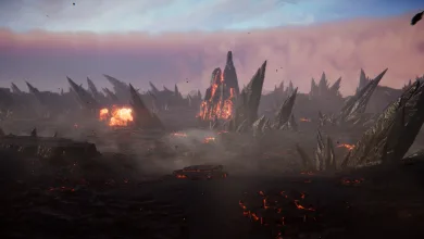 A dark volcanic crater in SAND: Raiders of Sophie, with jagged black rock formations and glowing lava fissures.