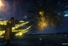 Arjun fires golden projectiles at a large enemy in Saros.