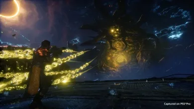 Arjun fires golden projectiles at a large enemy in Saros.
