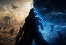 A hooded sci-fi fighter stands between a dusty battlefield with walkers and aircraft and a blue digital wireframe scene with spacecraft.