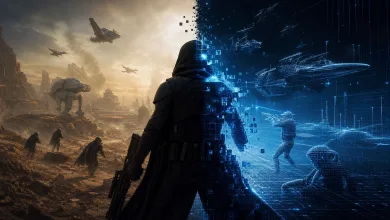 A hooded sci-fi fighter stands between a dusty battlefield with walkers and aircraft and a blue digital wireframe scene with spacecraft.
