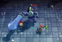 Three Scramble Knights Online characters fight a large armored monster on a tiled dungeon floor.