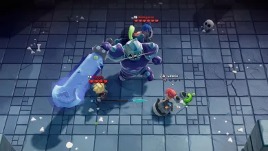 Three Scramble Knights Online characters fight a large armored monster on a tiled dungeon floor.