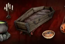 SCUM Halloween items including a coffin bed, candleholders, a jack-o'-lantern, a cauldron and soup