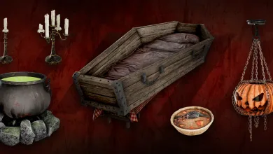 SCUM Halloween items including a coffin bed, candleholders, a jack-o'-lantern, a cauldron and soup