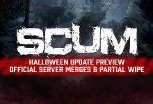 SCUM update graphic announcing a Halloween preview, official server merges, and a partial wipe.