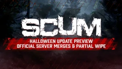 SCUM update graphic announcing a Halloween preview, official server merges, and a partial wipe.