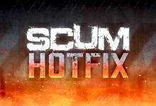 SCUM Hotfix title graphic on a dark, ember-lit background