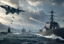 A modern naval fleet sails beneath an aircraft releasing bombs, with a submarine in the foreground.