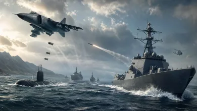 A modern naval fleet sails beneath an aircraft releasing bombs, with a submarine in the foreground.