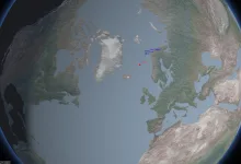 A 3D globe view shows Greenland, northern Europe, and Arctic waters with a small tactical track marker.