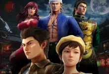 Ryo Hazuki and other Shenmue characters posed against a moonlit town backdrop.