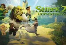 Shrek, Fiona, Donkey, and other characters run through a landscape beneath the Shrek 2 Remastered logo.