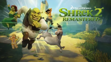 Shrek, Fiona, Donkey, and other characters run through a landscape beneath the Shrek 2 Remastered logo.