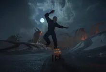 A masked skate. character performs a trick on a moonlit, eerie skate ramp.