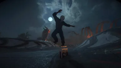 A masked skate. character performs a trick on a moonlit, eerie skate ramp.