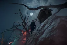 A skate. character stands on a rocky graveyard hillside beneath a moonlit sky, surrounded by bare trees.