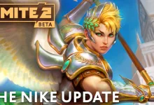 Nike, a blonde armored warrior with a laurel headband, holds a long weapon in SMITE 2 artwork.