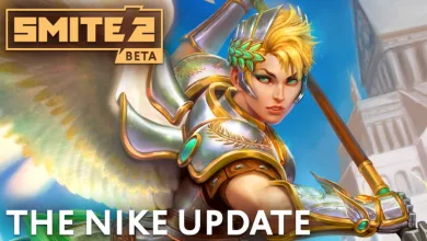 Nike, a blonde armored warrior with a laurel headband, holds a long weapon in SMITE 2 artwork.