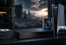 A standalone disc player, PS5, controller, and stack of movie discs on a media console.