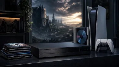 A standalone disc player, PS5, controller, and stack of movie discs on a media console.