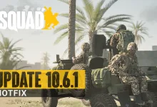 Squad soldiers riding a military vehicle beneath palm trees.