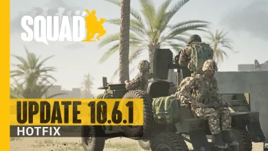 Squad soldiers riding a military vehicle beneath palm trees.