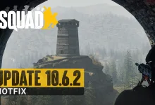 A Squad soldier with a rifle looks toward a stone tower from a rocky opening; the artwork identifies the 10.6.2 hotfix.