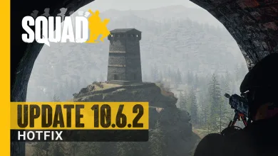 A Squad soldier with a rifle looks toward a stone tower from a rocky opening; the artwork identifies the 10.6.2 hotfix.