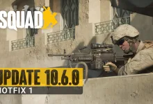 A Squad soldier in a helmet aims a rifle over a concrete barrier.