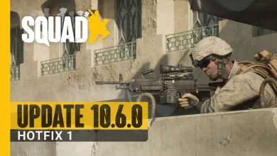 A Squad soldier in a helmet aims a rifle over a concrete barrier.