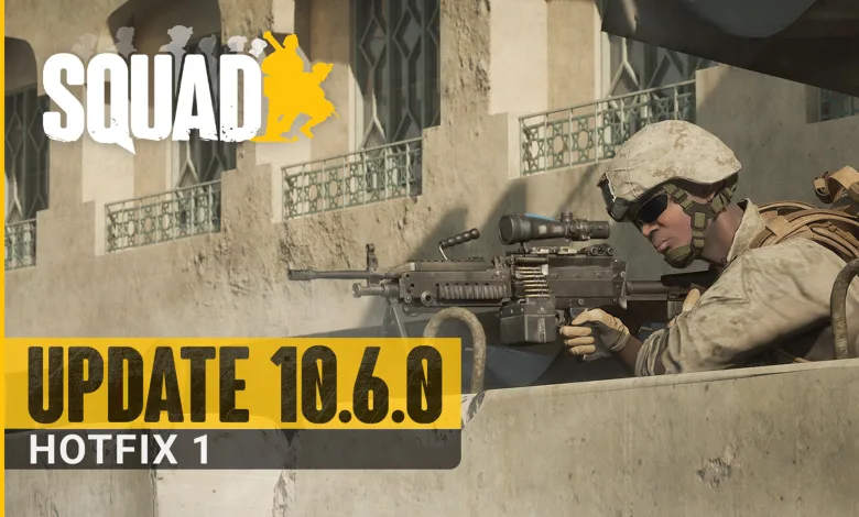 A Squad soldier in a helmet aims a rifle over a concrete barrier.