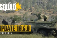 A camouflaged armored vehicle in a wooded setting beneath the Squad 10.6.0 Hotfix 2 title.