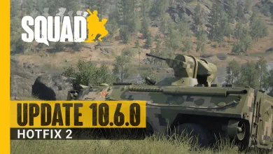 A camouflaged armored vehicle in a wooded setting beneath the Squad 10.6.0 Hotfix 2 title.