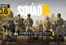 Squad soldiers gathered beside military equipment with the Party System graphic for Update 10.6
