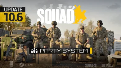 Squad soldiers gathered beside military equipment with the Party System graphic for Update 10.6