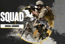 Squad soldiers in combat gear carrying rifles against a battlefield backdrop, arranged around the Squad logo.