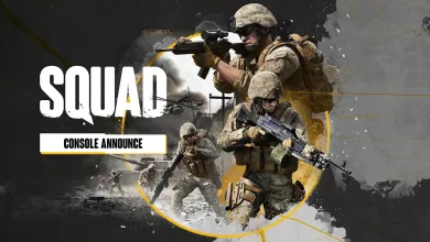 Squad soldiers in combat gear carrying rifles against a battlefield backdrop, arranged around the Squad logo.