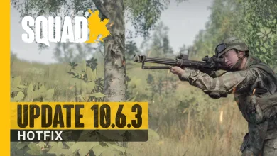 A helmeted Squad soldier aims a rifle from beside a tree in a leafy field.