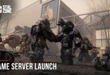 Armored STALCRAFT: X characters gather in a ruined street beneath a game server launch banner.