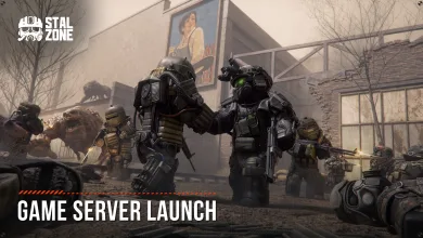 Armored STALCRAFT: X characters gather in a ruined street beneath a game server launch banner.