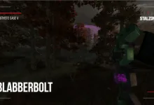 A green Blabberbolt with a purple glow is held in a dark wooded area; Aesthete Case V and Blabberbolt labels appear on screen.