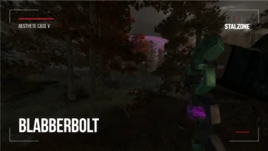 A green Blabberbolt with a purple glow is held in a dark wooded area; Aesthete Case V and Blabberbolt labels appear on screen.