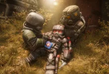 Two armored STALCRAFT: X characters assist a wounded character in a forest clearing